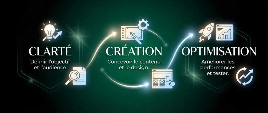 Processus de création page de vente en 3 étapes clarté création optimisation pour résultat garanti